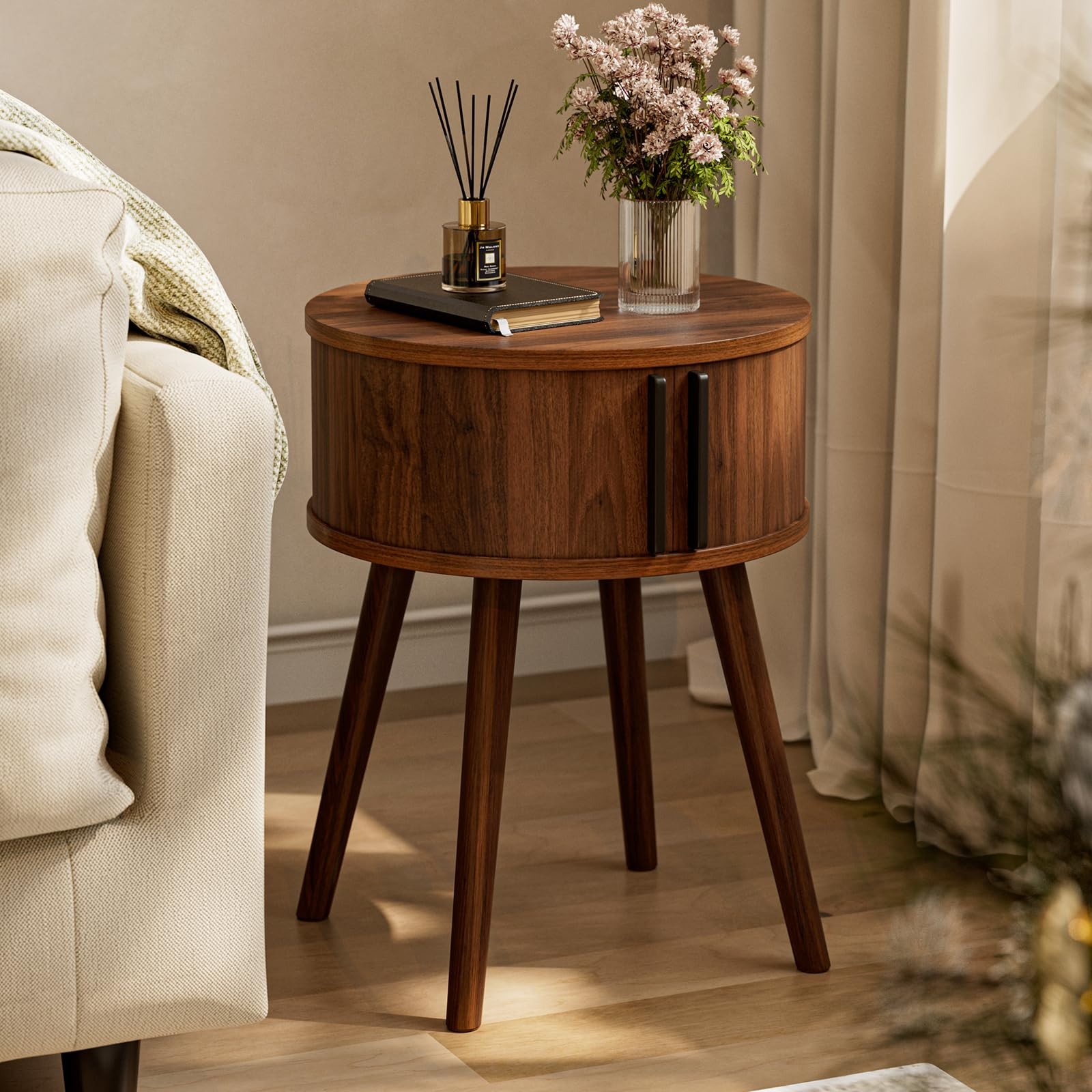 Side Table with Sliding Door & Cabinet, End Table for Living Room, Night Stan...