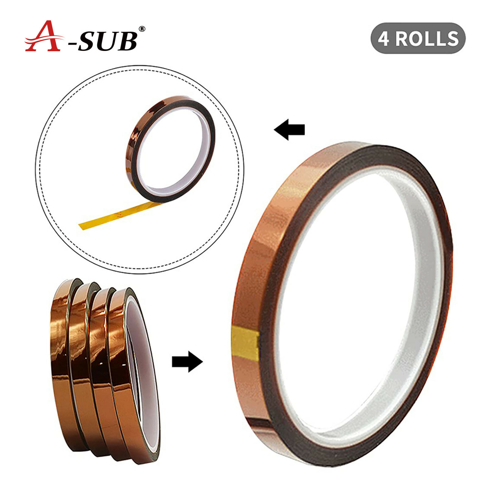 A-SUB 4 Rolls 10mm 108ft Kapton Polyimide High Temperature Heat Resistant Tapes