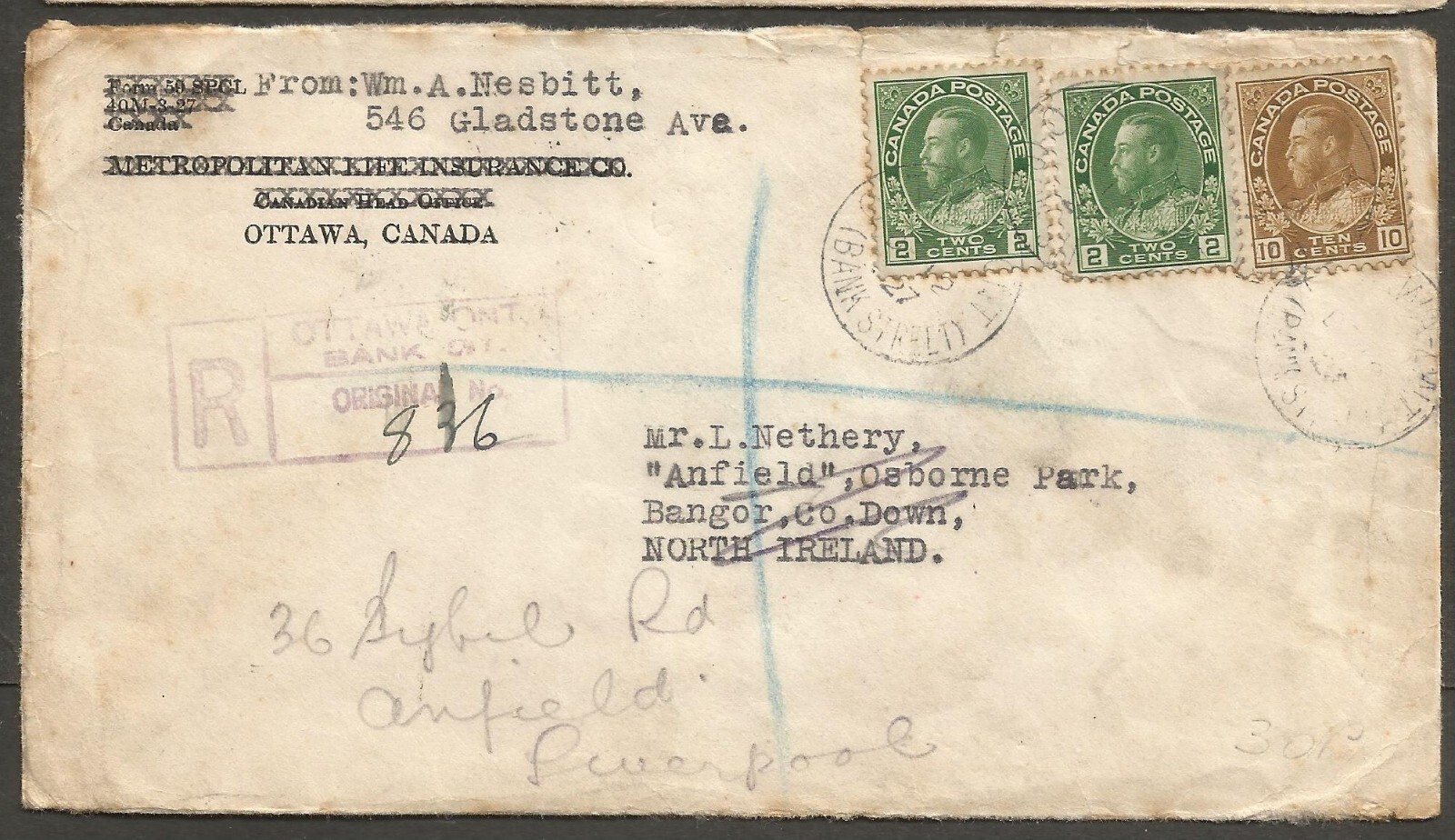 1927 Registered Cover 14c Admirals CDS Ottawa Bank St Ont to Ireland Redirected