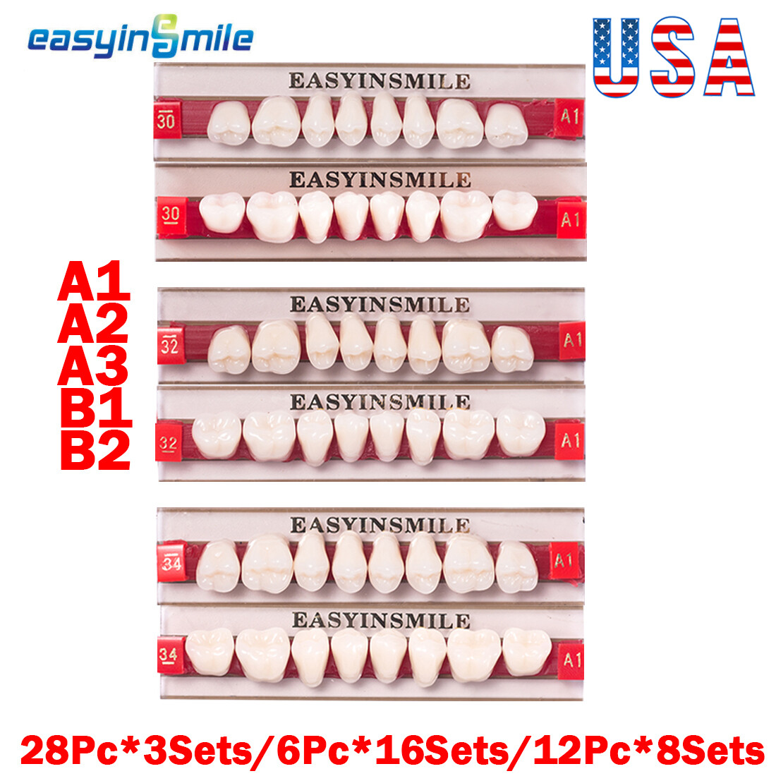 84Pc/96Pc Dental Acrylic Resin Denture Teeth Upper Lower Full Set Shade A1/A2/A3