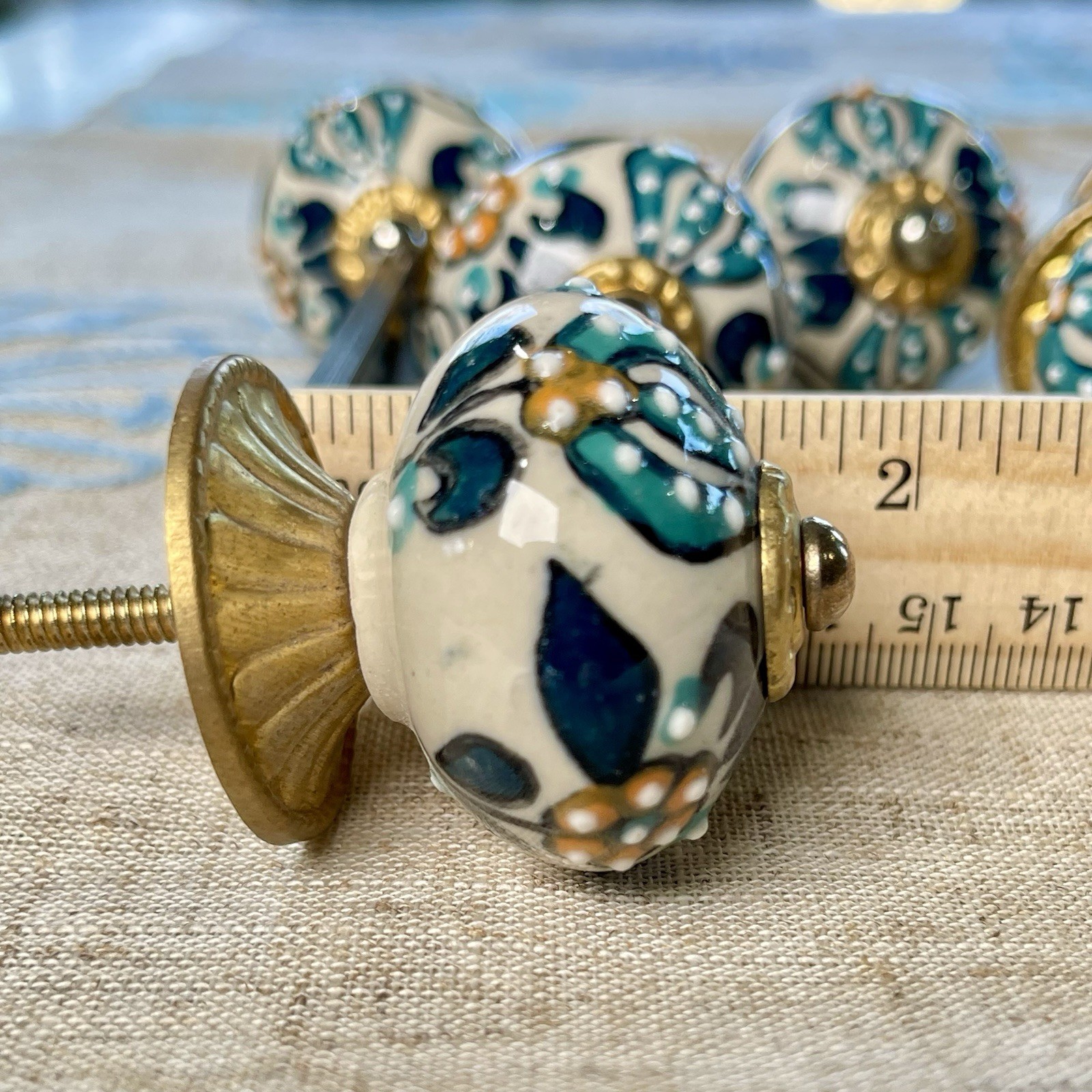 6 Hand Painted Ceramic Boho Floral Drawer Knobs Turquoise Blue Gold White Orange