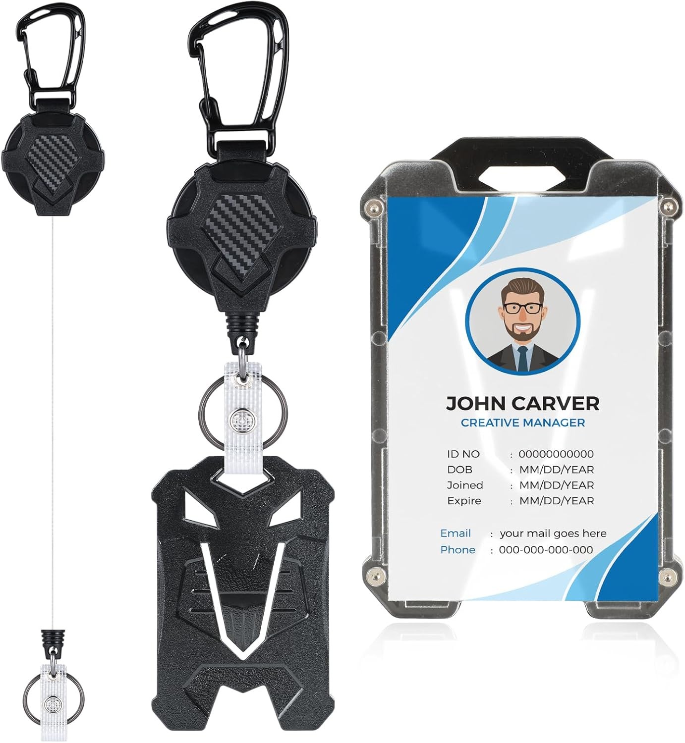 2 Pack Retractable Keychain with ID Card Holder, Heavy Duty Carabiner Badge Hold