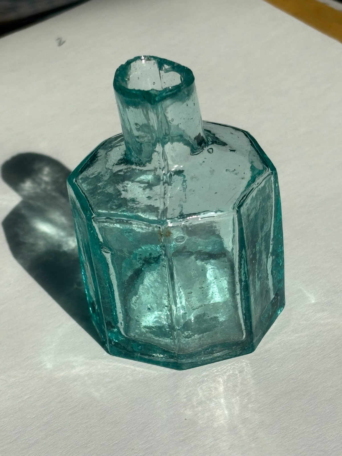 DEEP AQUA INK BOTTLE ALL SHEAR TOP     - ANTIQUE BOTTLES /INKS