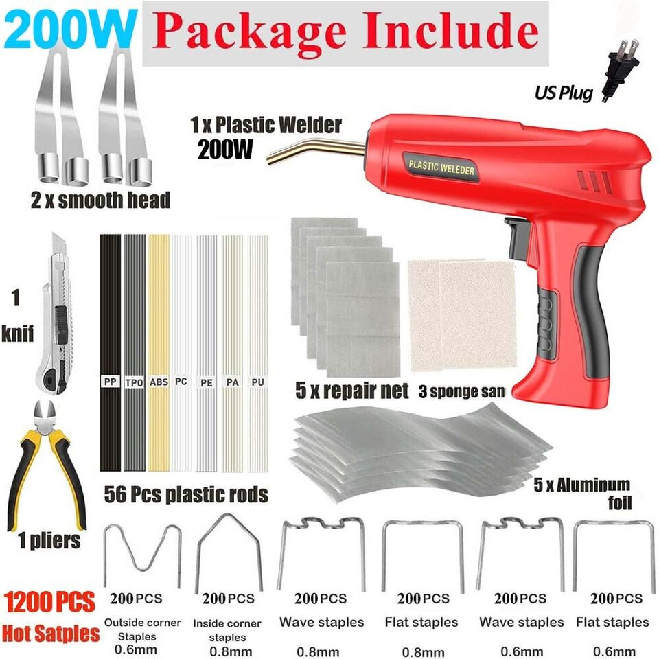 200W Hot Stapler Car Bumper Fender Welder Gun Plastic Repair Kit 1200 Staples US