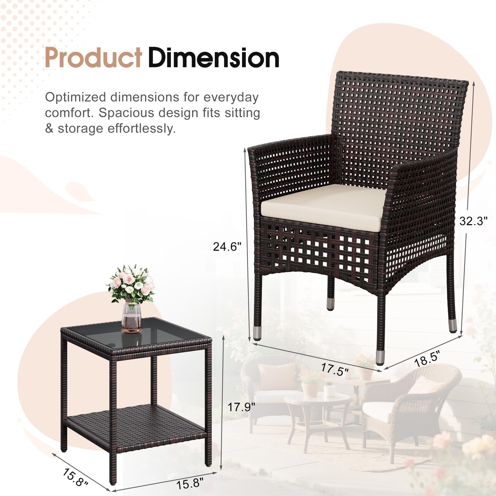 3-Piece Patio Conversation Set Wicker Rattan with Coffee Table Dark Brown Beige