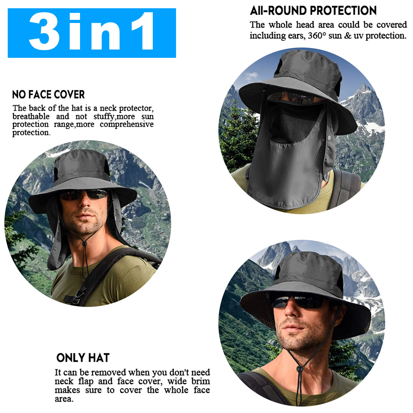 Wide Brim Sun Hat with Neck Flap UV Protection Hiking Fishing Cap for Men Women