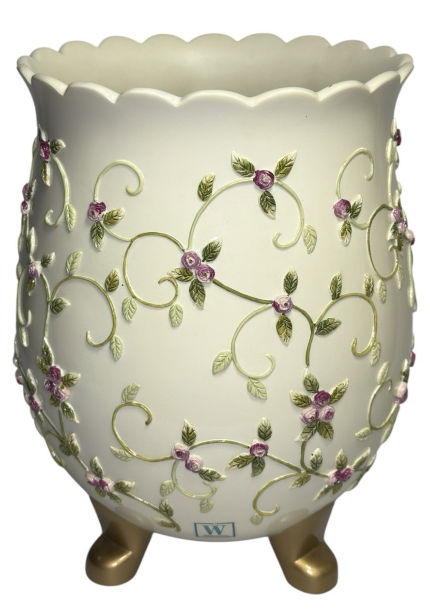 Wamsutta Rosebuds Wastebasket Resin Trash Can Shabby Chic Rose Floral Romantic