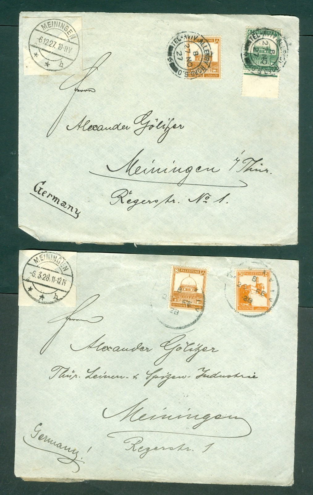 Palestine 1927-28.  2 Covers Postal Used. Adr: Meiningen. Germany. See Descript.