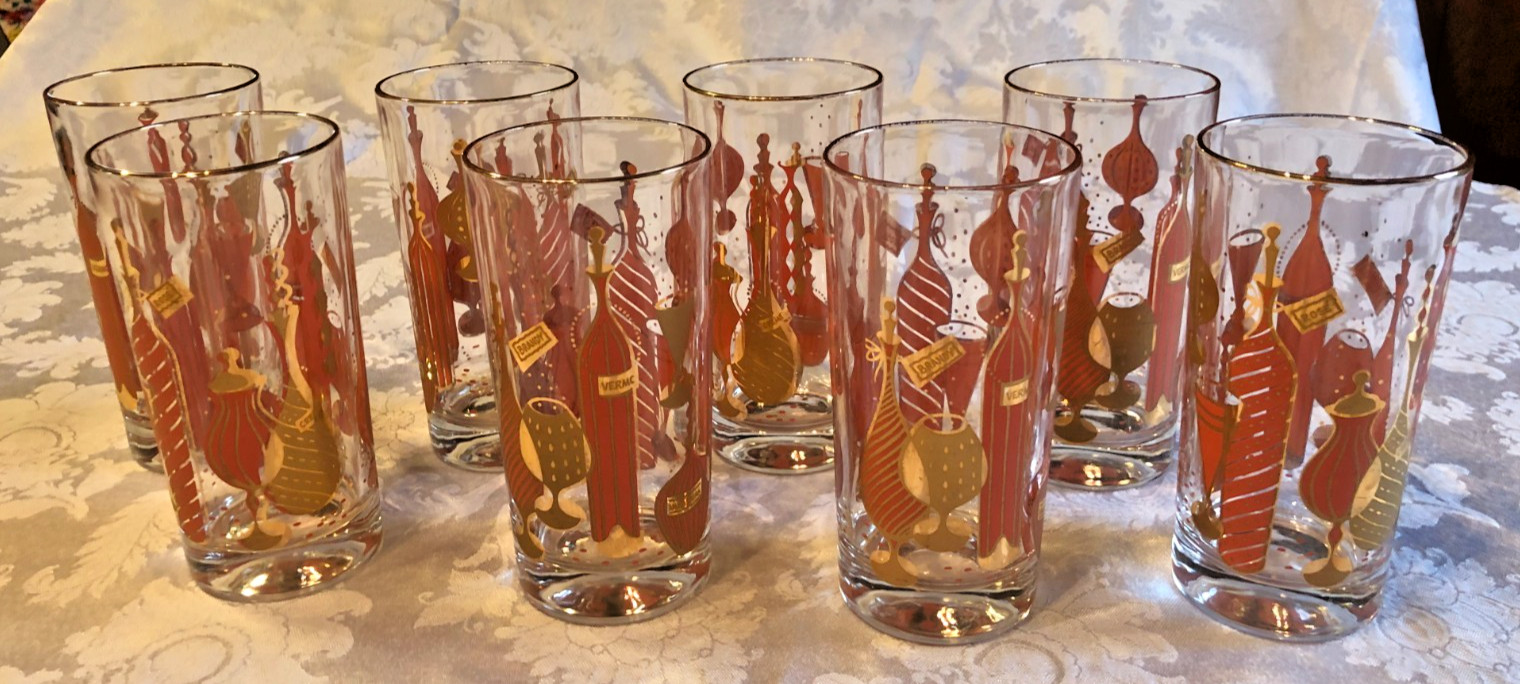 MCM Gay Fad Bordeaux Barware Highball Glasses 5.5” Set Of 8 in Carrier Caddy