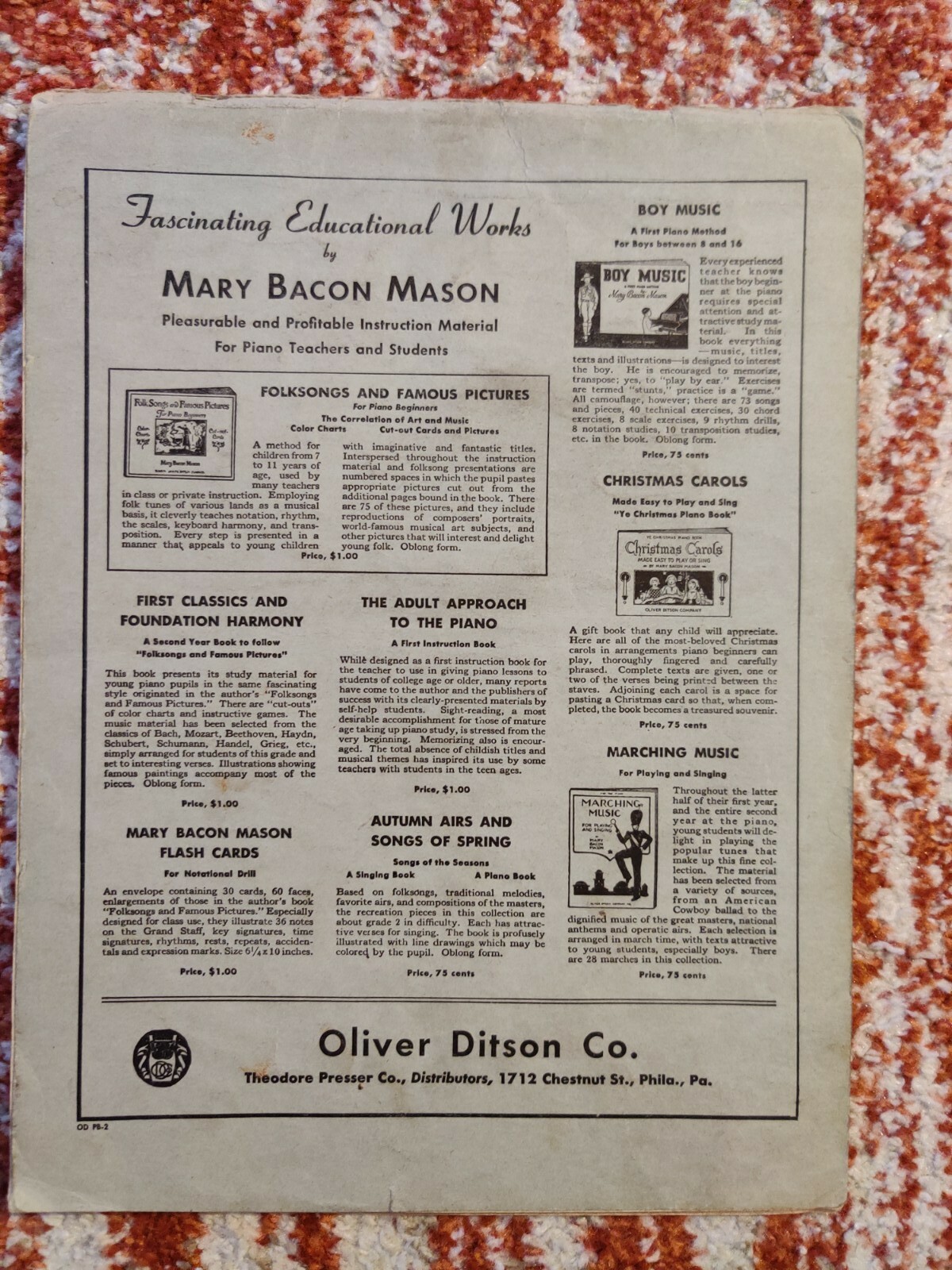 Mary Bacon Mason Vintage Piano Instruction Sheet Music Boy Music