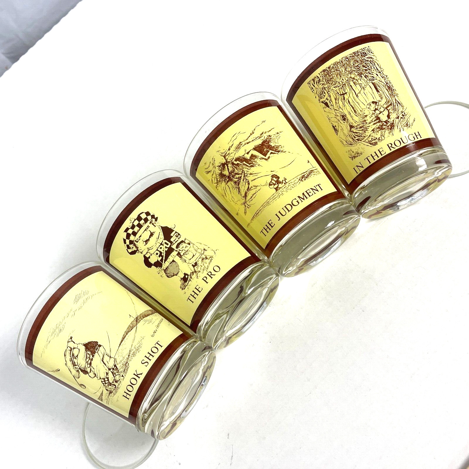 Golf Pro Judgement Hook Shot In Rough 4 Vtg Cocktail Rocks Glass Lot Patterson