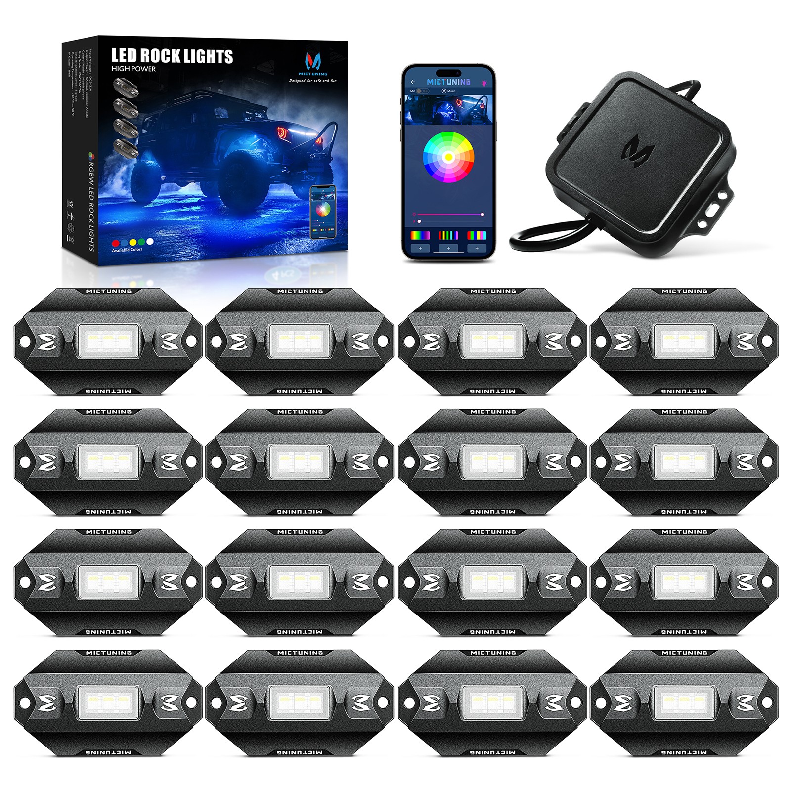 MICTUNING 16 Pods RGBW LED Rock Lights Kits, Underglow Neon Lights for Car Truck