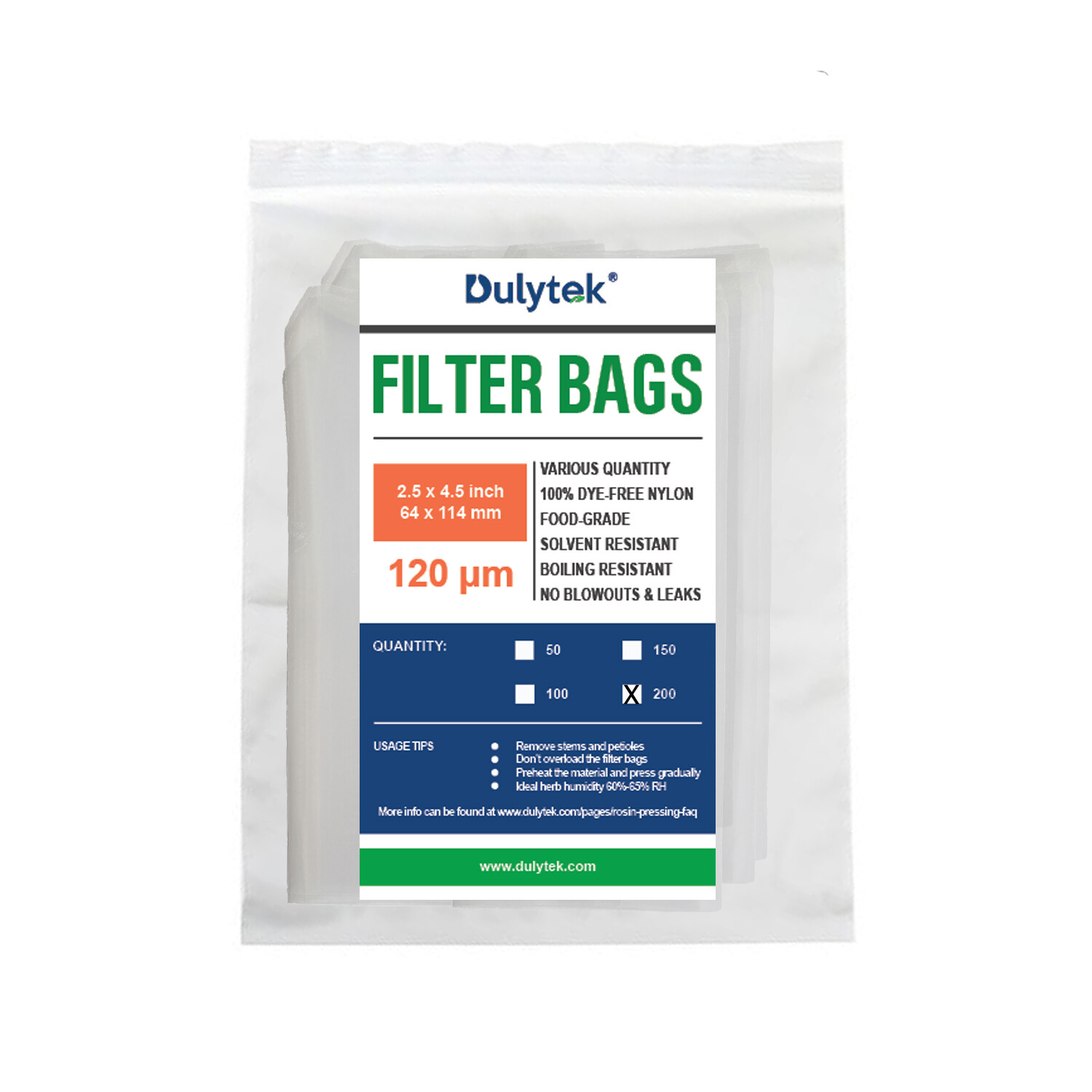 Dulytek Premium Heat Press Filter Bags, 2"x4", 120 Micron Mesh, 50pcs / Pack