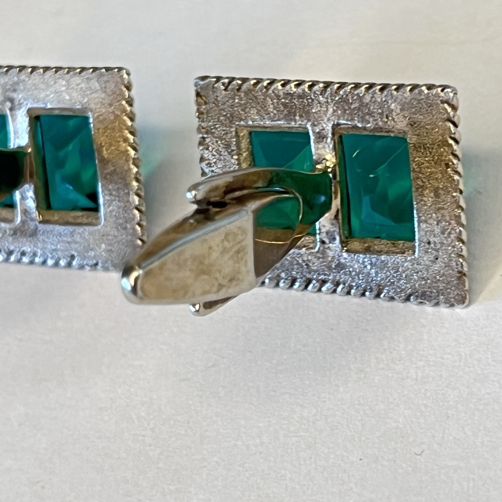 925 Sterling Silver Vintage Cuff Links DA VINCI Green Emerald cut Crystal slx