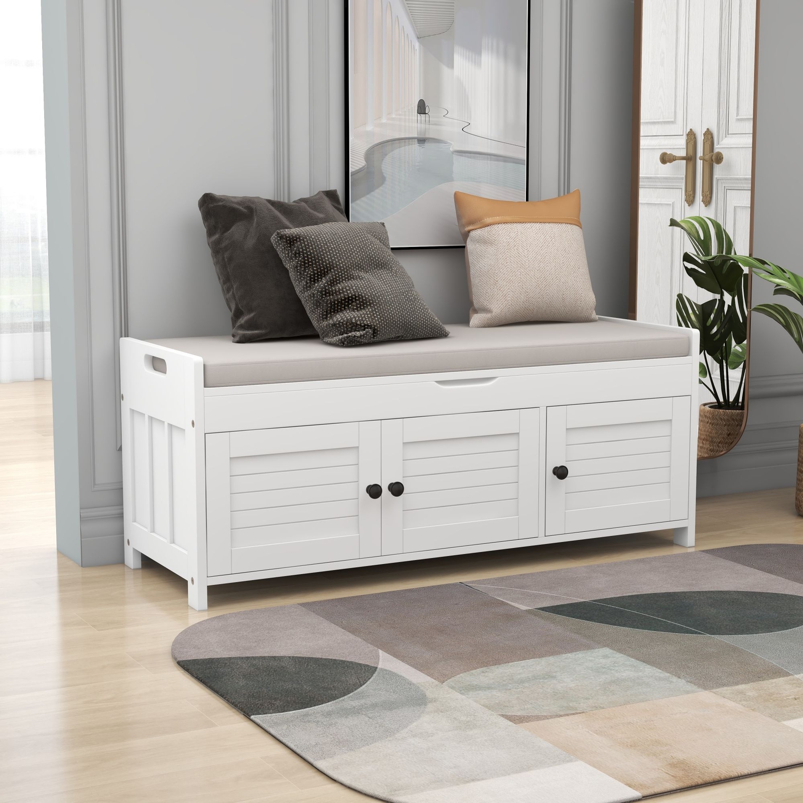 Storage Bench for Entryway, Shoe Bench with Lift Top Storage & 3 Doors w/Cushion