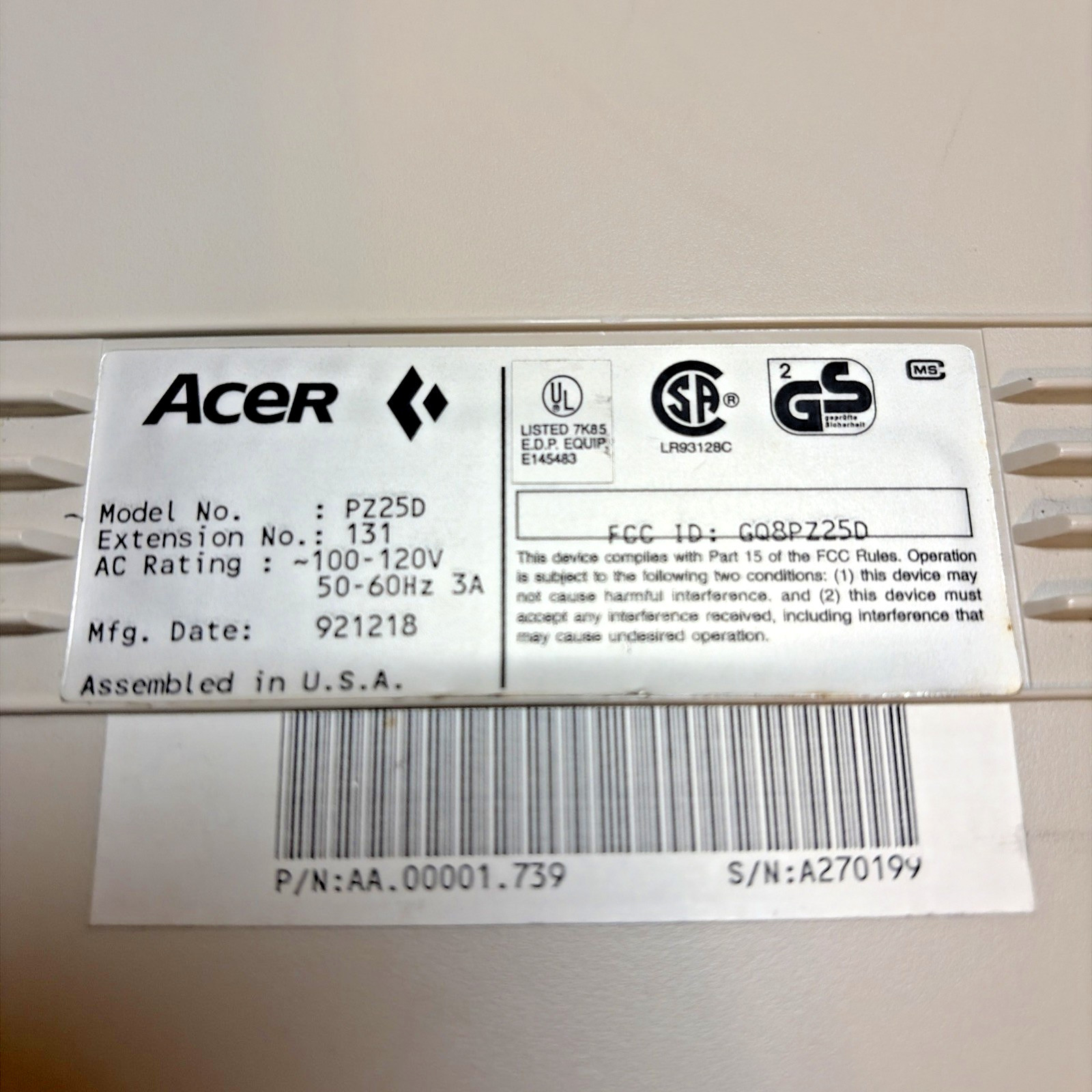 1992 Acer Acros 486SX/25 Model 4155 PC Computer PZ25D