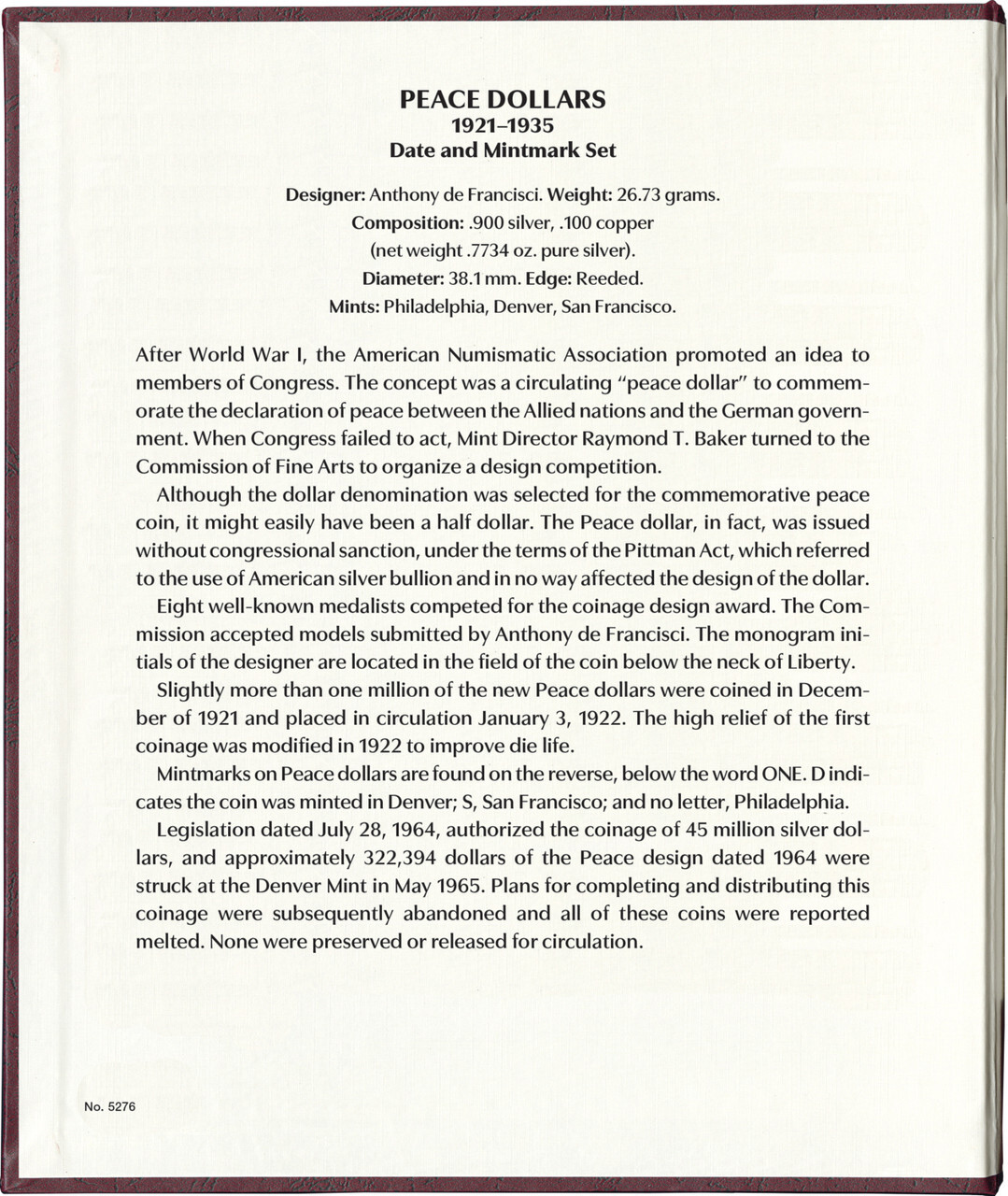 Whitman Prestige™ Coin Album-Peace Dollars: 1921-1935 Date & Mintmark Set