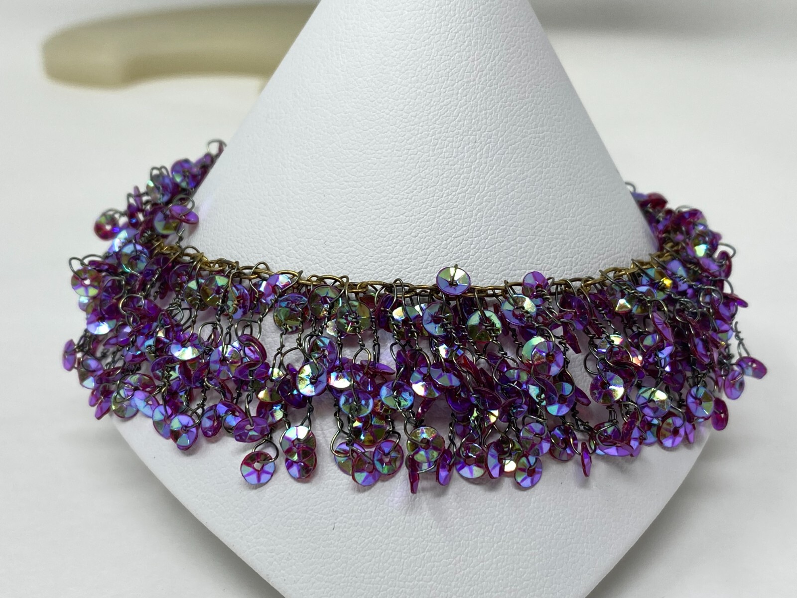 Beautiful Handmade Dark Purple Green Blue Iridescent Sequin Bead 8-9" Bracelet