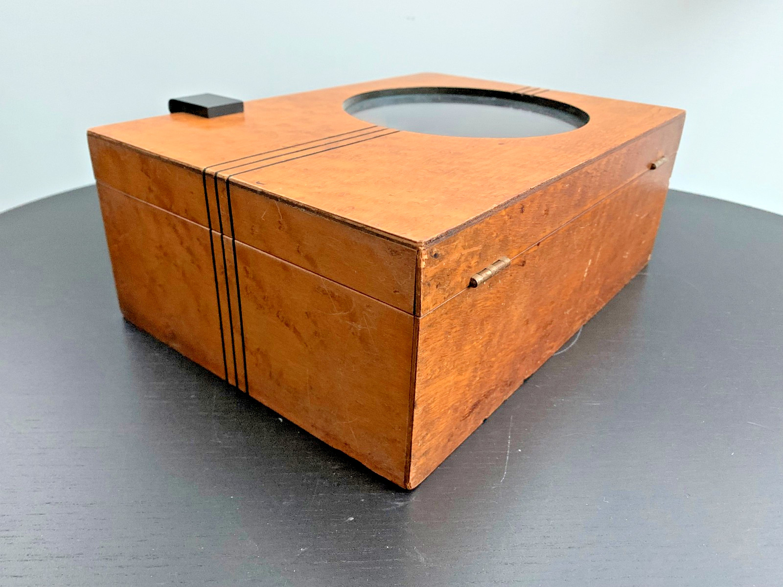 1930s Art Deco Barber Shop Cabinet Circle Glass Birdseye Maple Burton Chicago