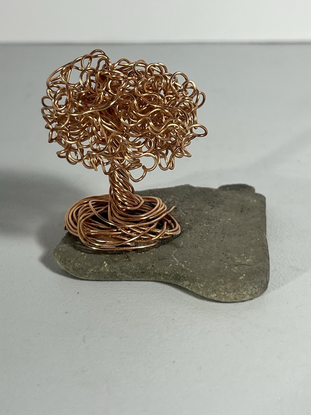Handmade 2.25” Copper Wire Bonsai Tree Sculpture On Stone Base Decor Mini (D)