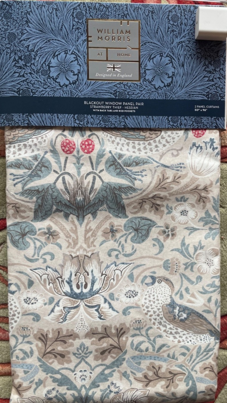 NEW William Morris 2pc BLACKOUT Strawberry Thief Hessian Window Curtain 50"x96"