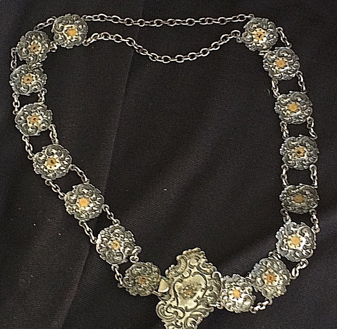 Antique Art Nouveau Victorian Belt SilverPlate Embossed Emerald Glass Stones 30"