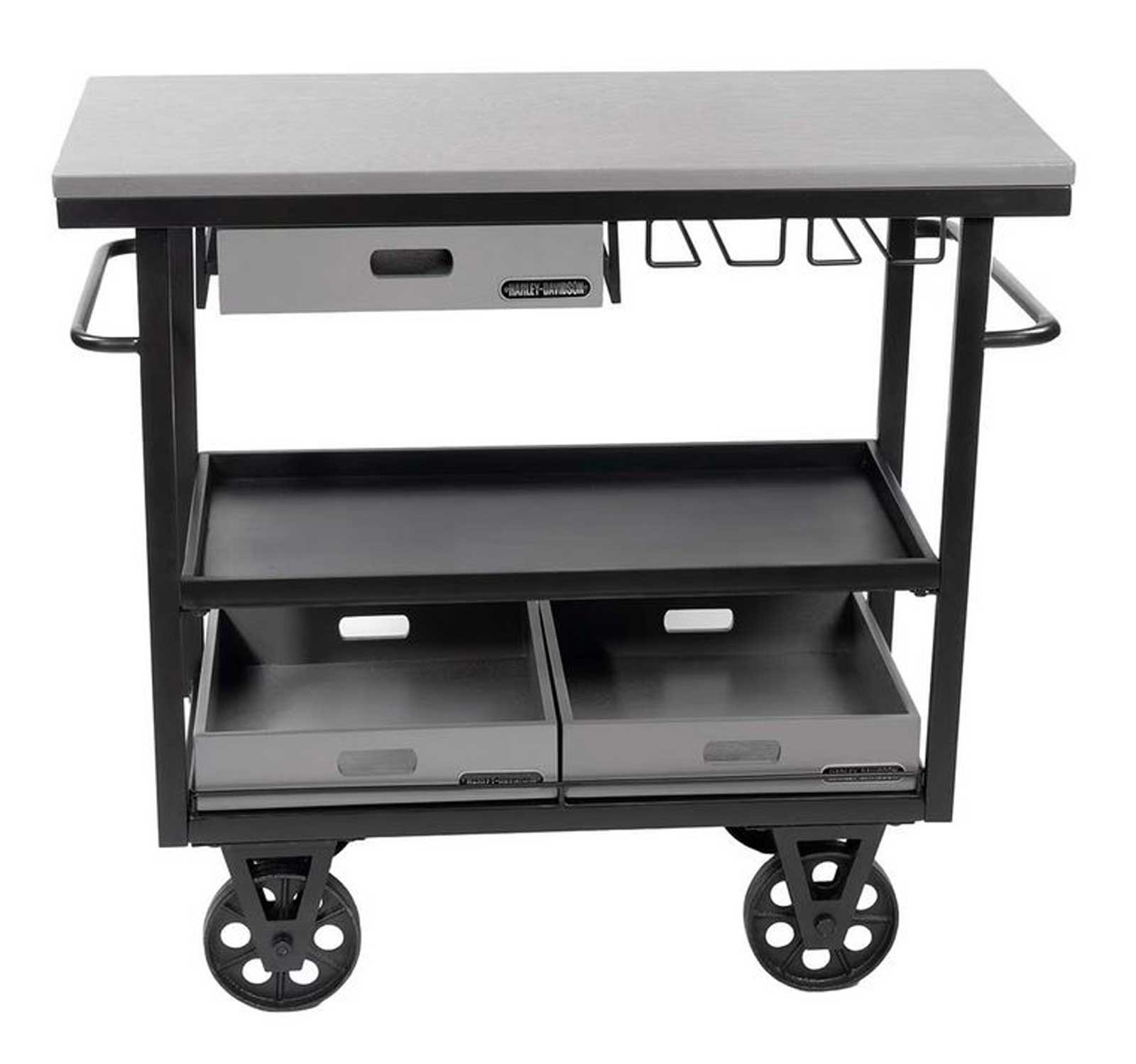 Harley-Davidson Rolling Bar Cart, Pullout Drawers & Wood Storage Bins Metal/Wood