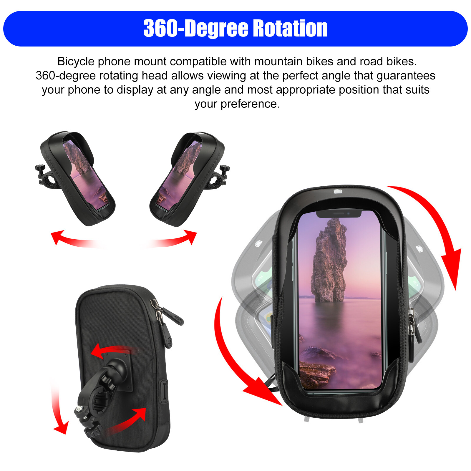 360 Rotation Motorcycle Bicycle Bike Handlebar Cell Phone Mount Holder Bag Case