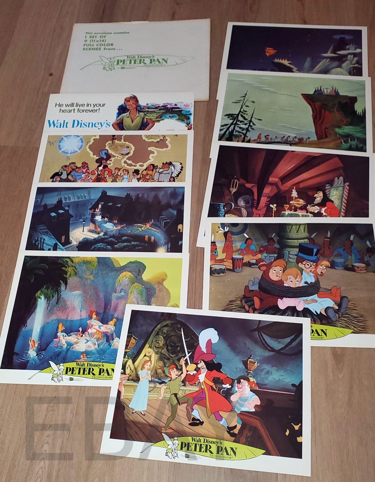 Disney PETER PAN (R1976) - Vintage 11x14 lobby card set 9 + orig envelope NICE!