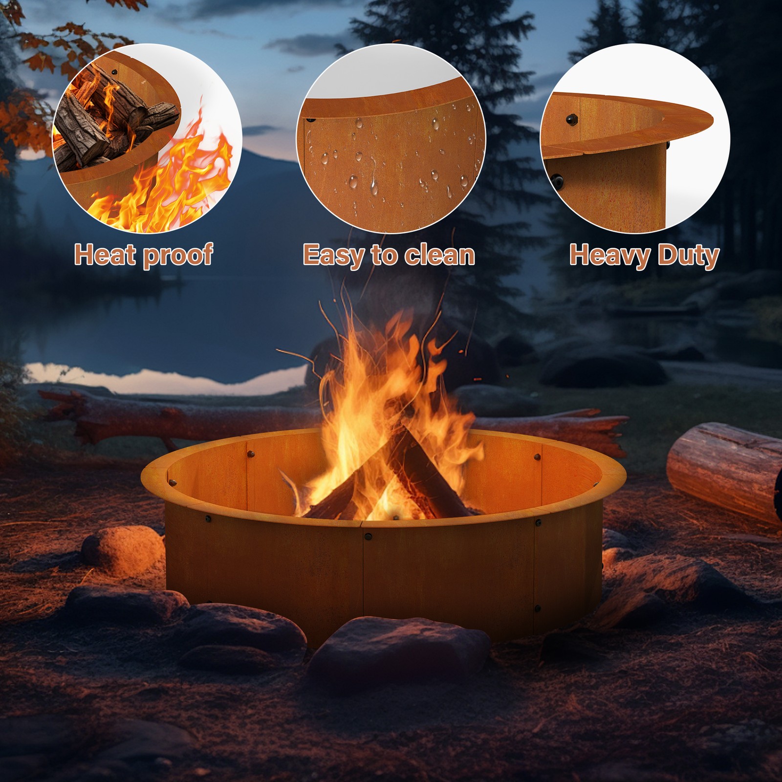 Fire Pit Ring Outdoor Wood Burning Fire Pit Outer 43.3 Inch Camping Fire Ring