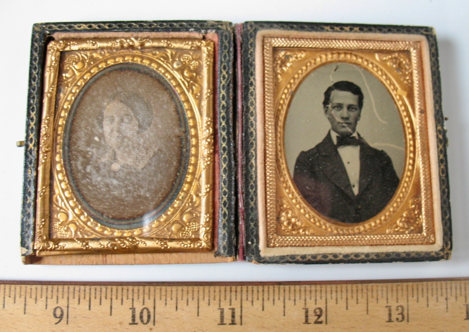 Antique Civil War Double Photograph Photo in Hinged Book Frame Man and Lady