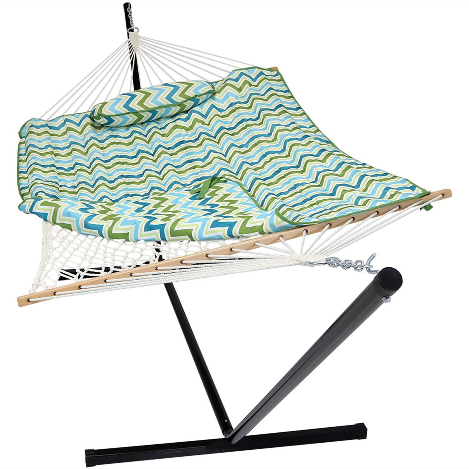 Large Rope Hammock with Steel Stand and Pad/Pillow - Blue/Green by Sunnydaze