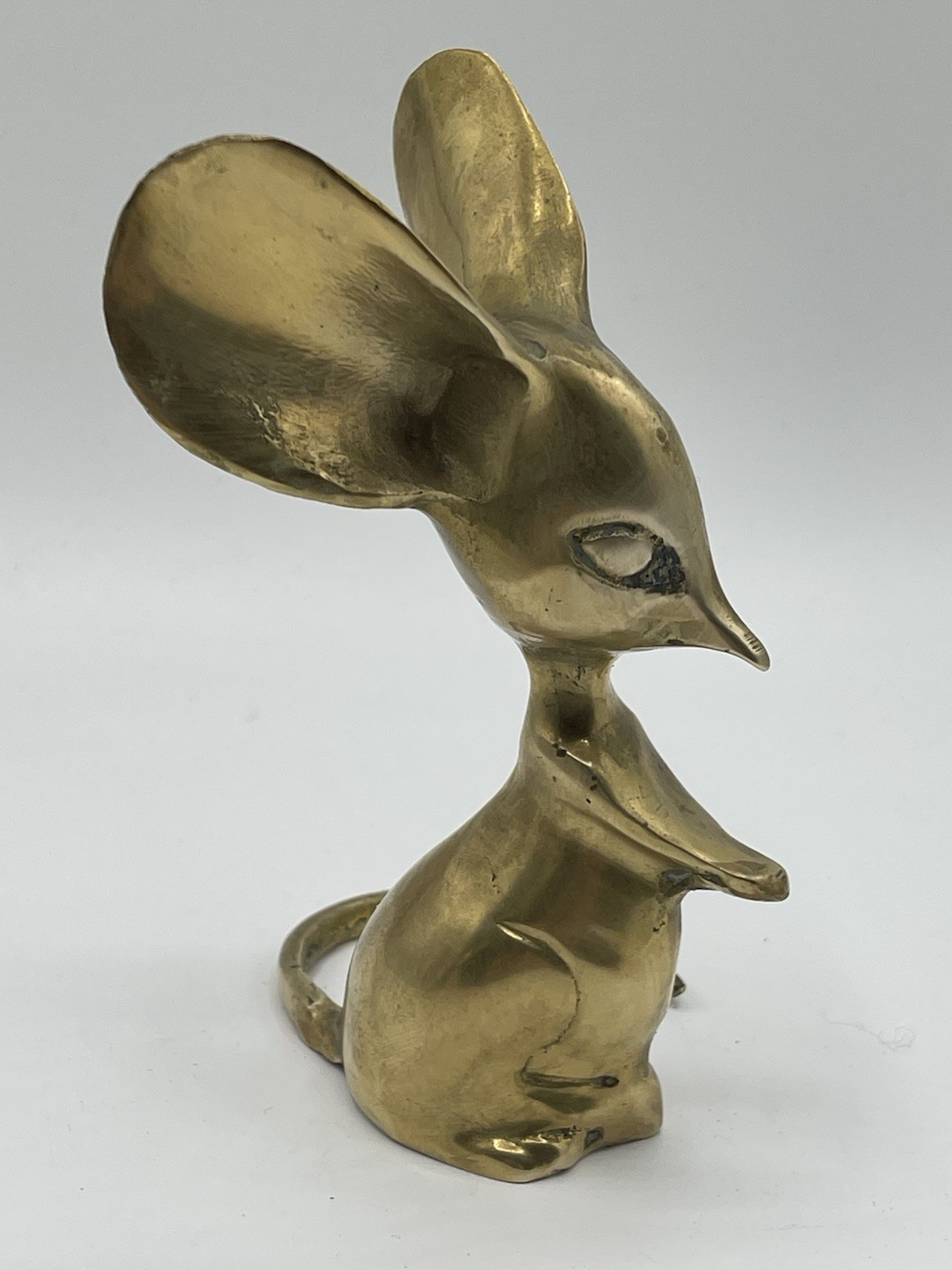 VTG Pair Of Big Eared Long Tail Whimsical Mouse 5”/ 7” Solid Brass MCM Decor