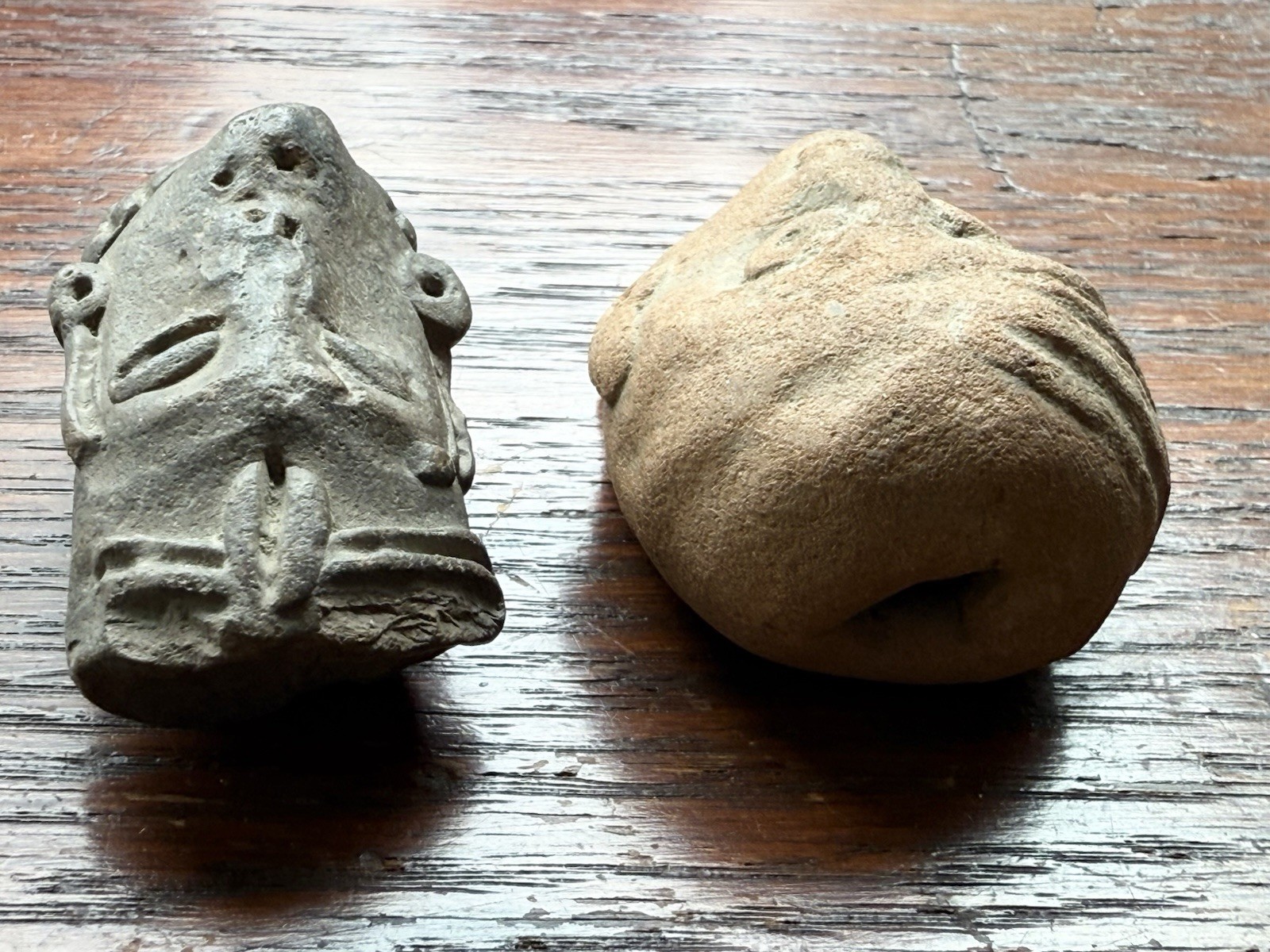 Pre Columbian Fragment Stone & Clay Effigy Heads (2)