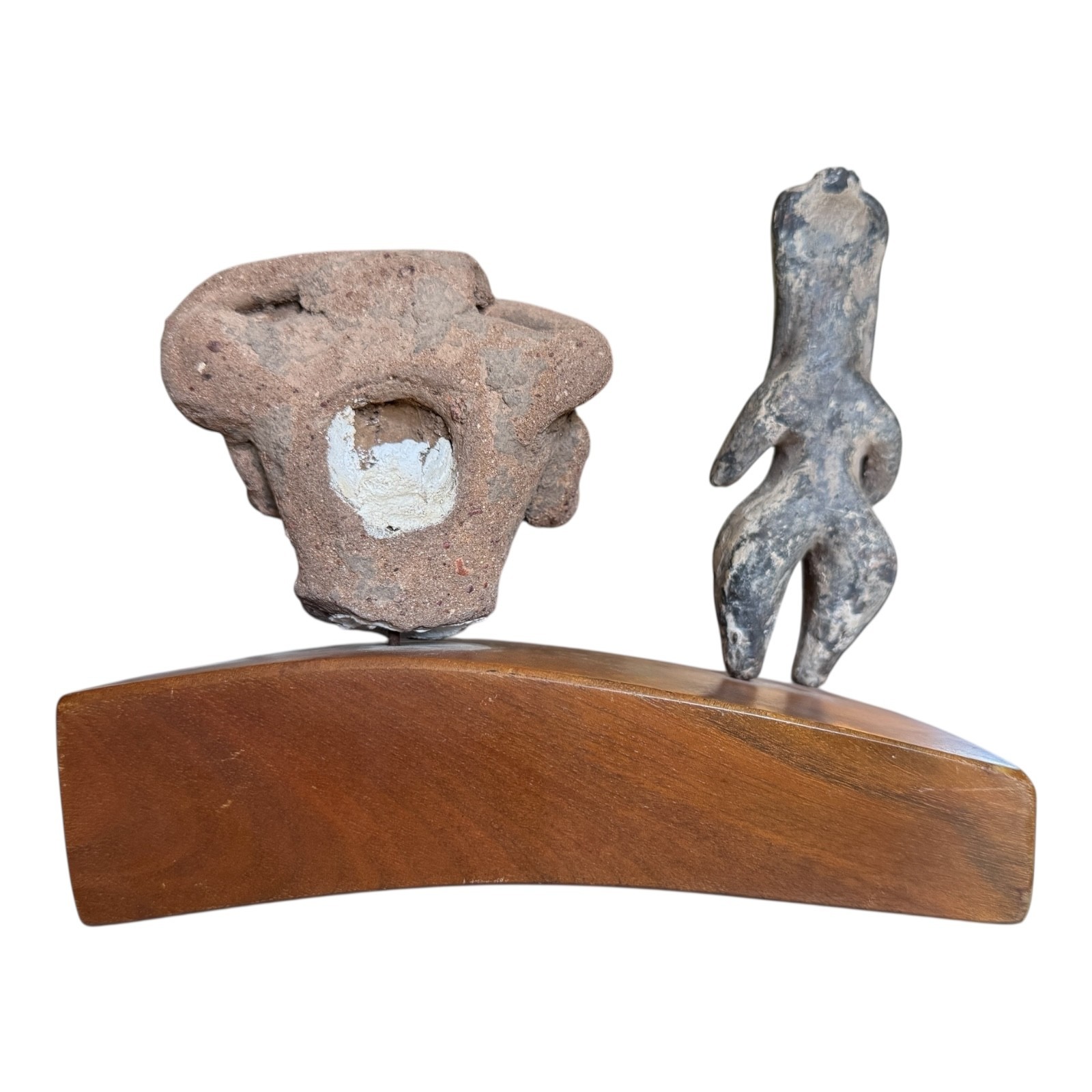 Antique Pre-Columbian Pottery Figural Group Standing Figure & Head on Base