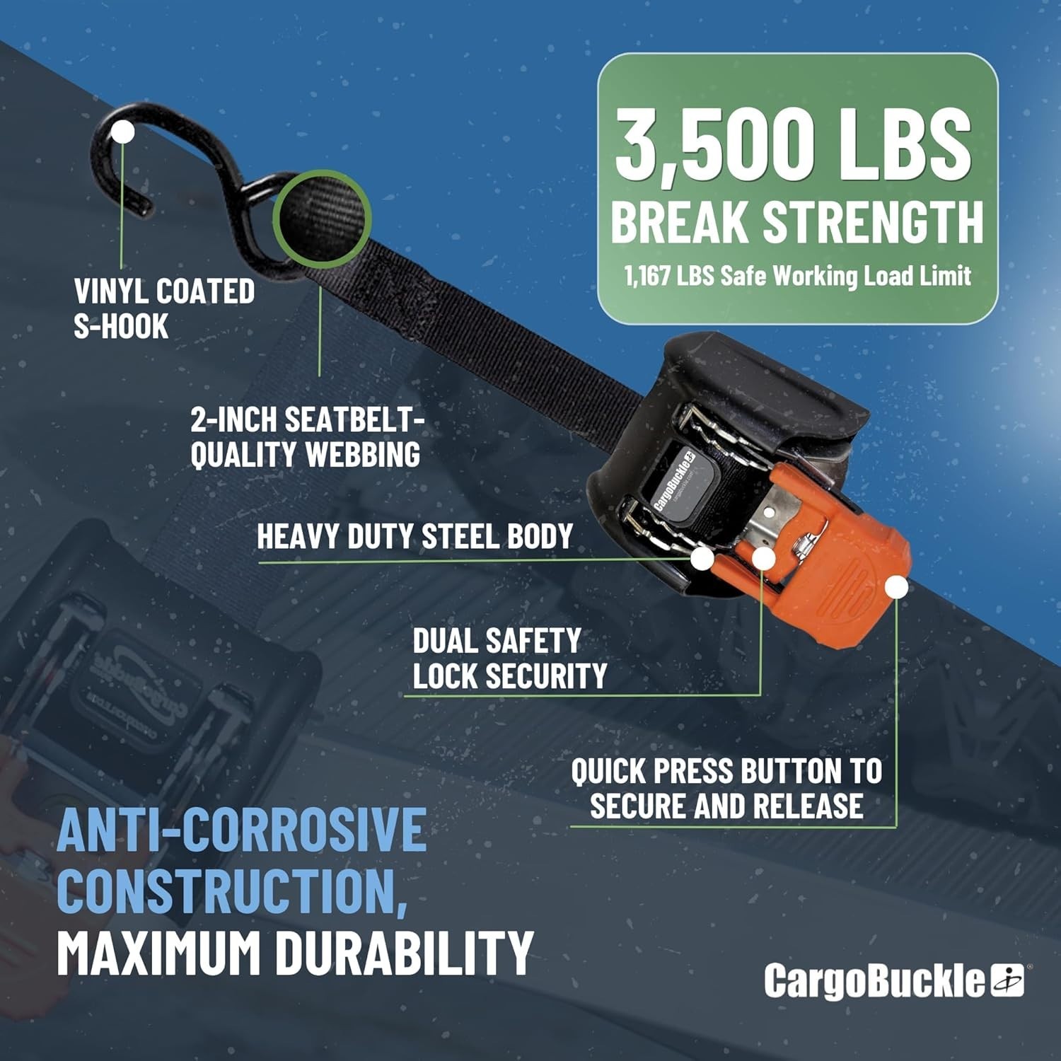 Reliable G3 Self-Retracting Ratchet Straps - Heavy Duty, 2-Inch x 6-Feet, 2-Pack