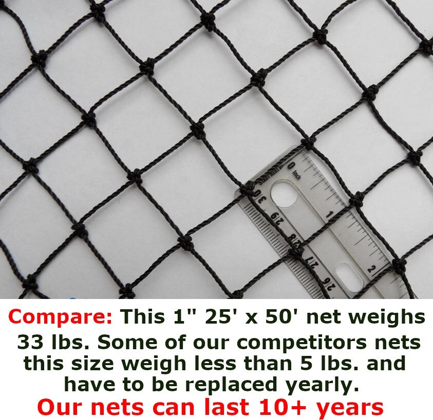 Poultry Net 25' x 50' 1" Mesh Heavy Knotted Aviary Anti Bird Lasts 7-10 Years