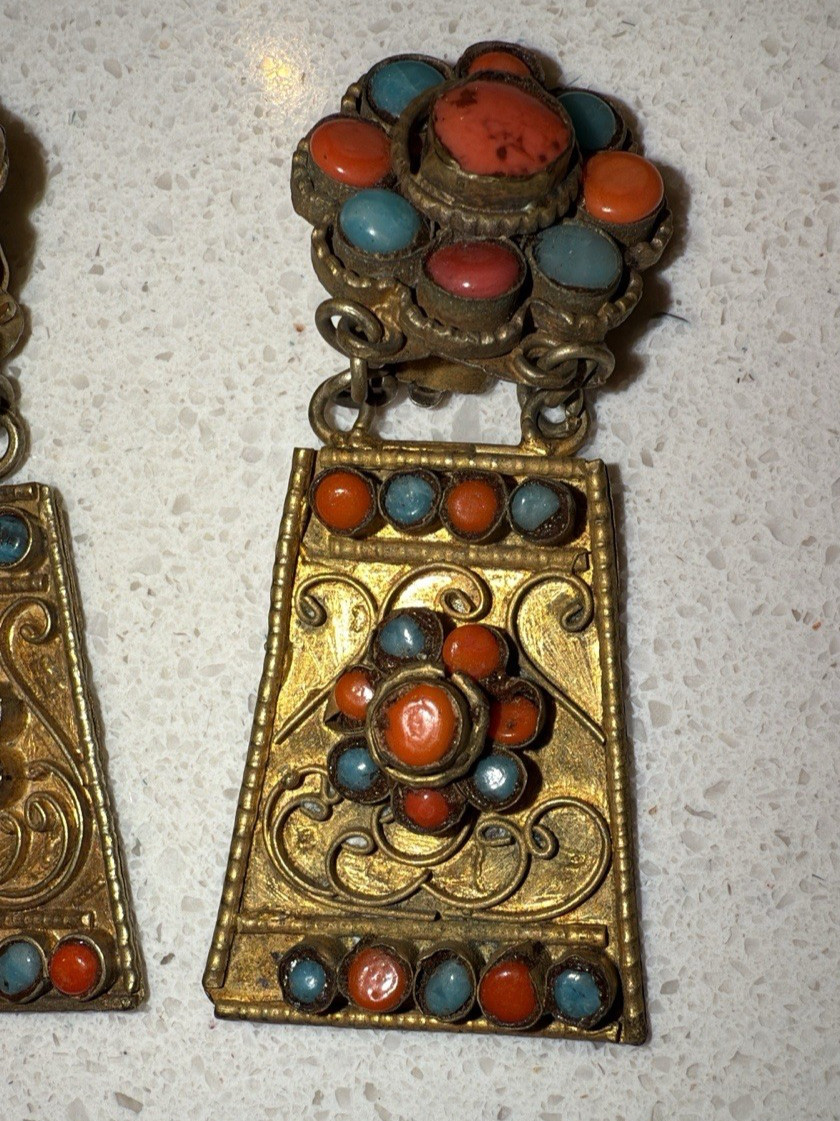 Coral & Turquoise Nepal Brass Tibetan Jewelry 3 piece Set ANTIQUE