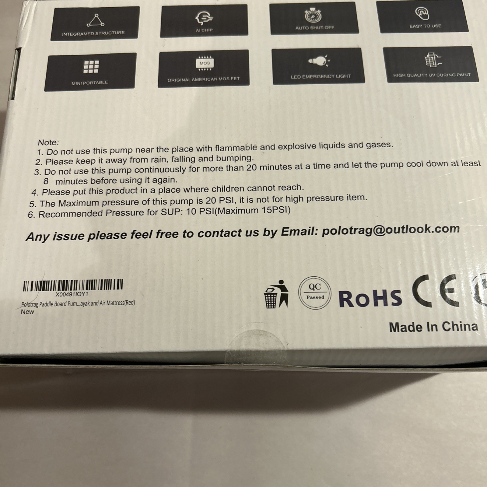 Polotrag Paddle Board Pump Model: PLG-0110 Red 20PSI New Open Box Fast Shipping