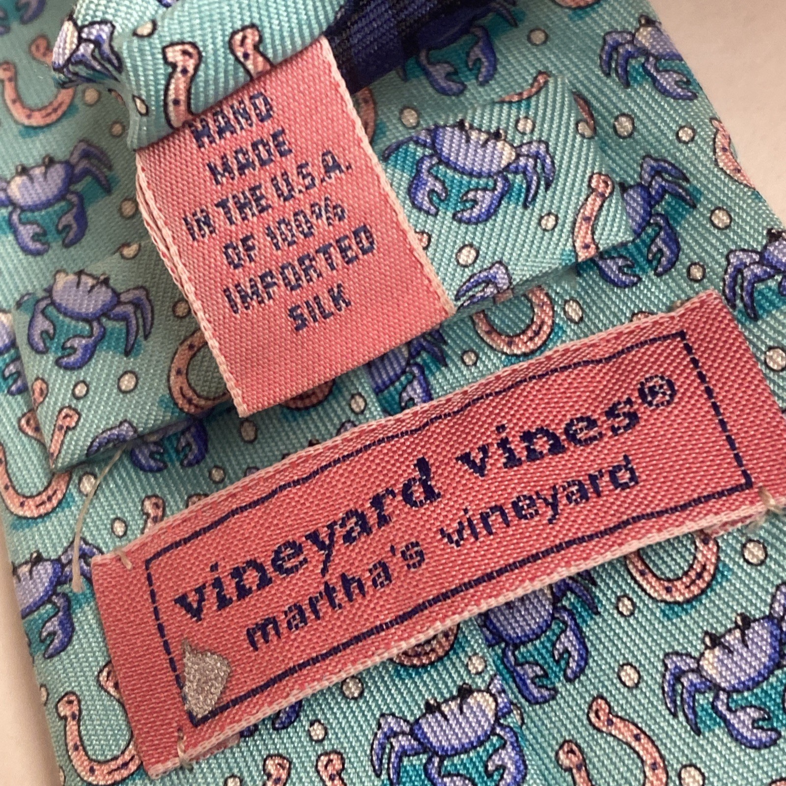 Vineyard Vines Boys Teal Blue Repp Silk Tie Lucky Horse Shoe Crabs 49.5” USA E2