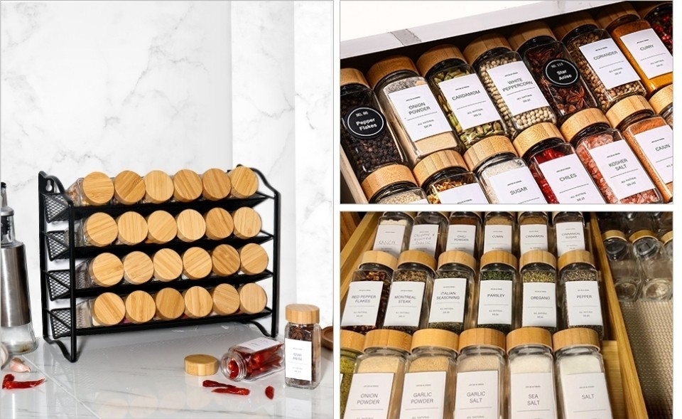 24 Pack] Spice Jars with Label,Seasoning Containers,Glass Spice Jars with Bamboo