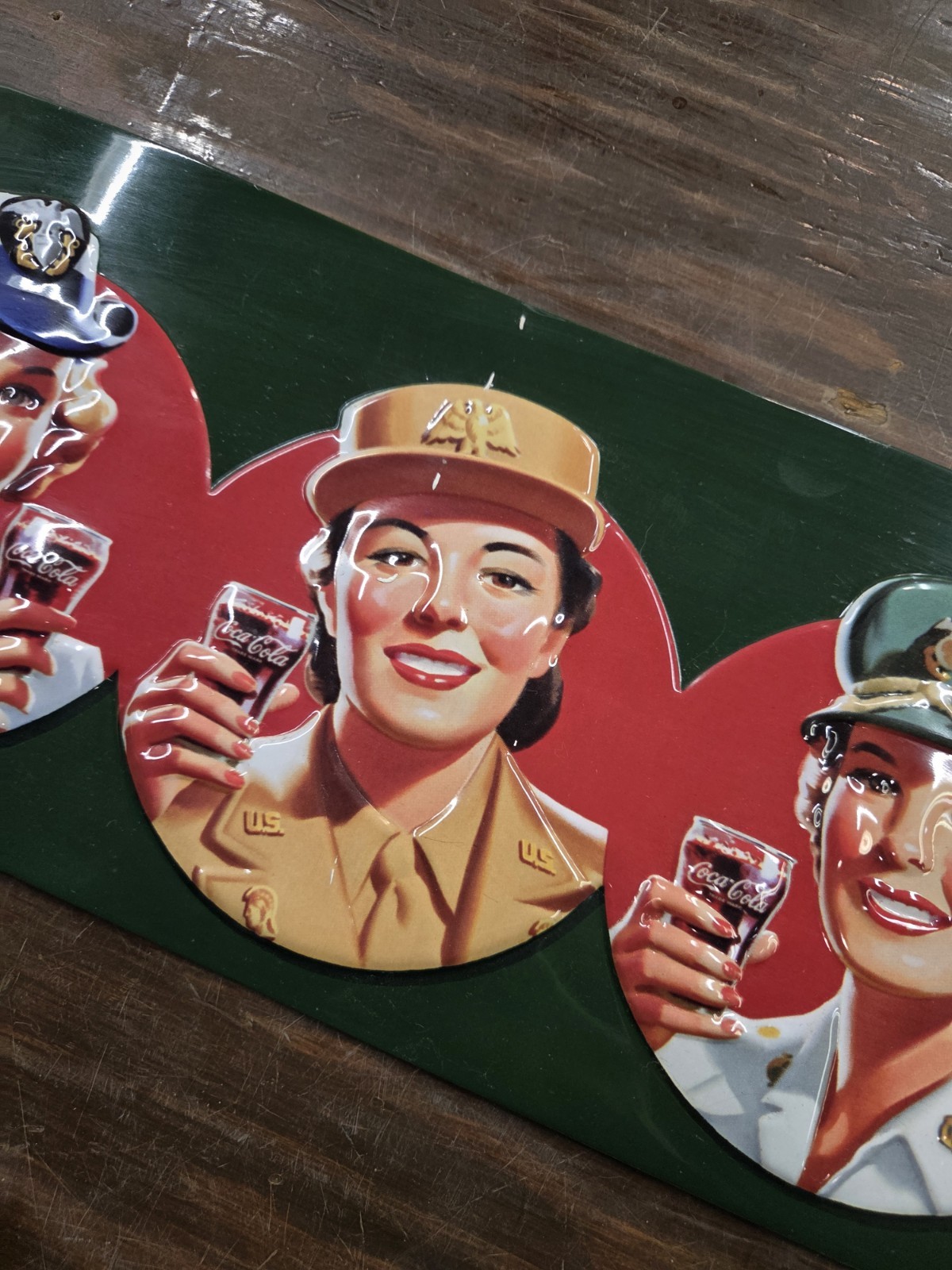 Coca-Cola Military Beauties Andy Rooney 3D Embossed Tin Sign Dark Green EUC