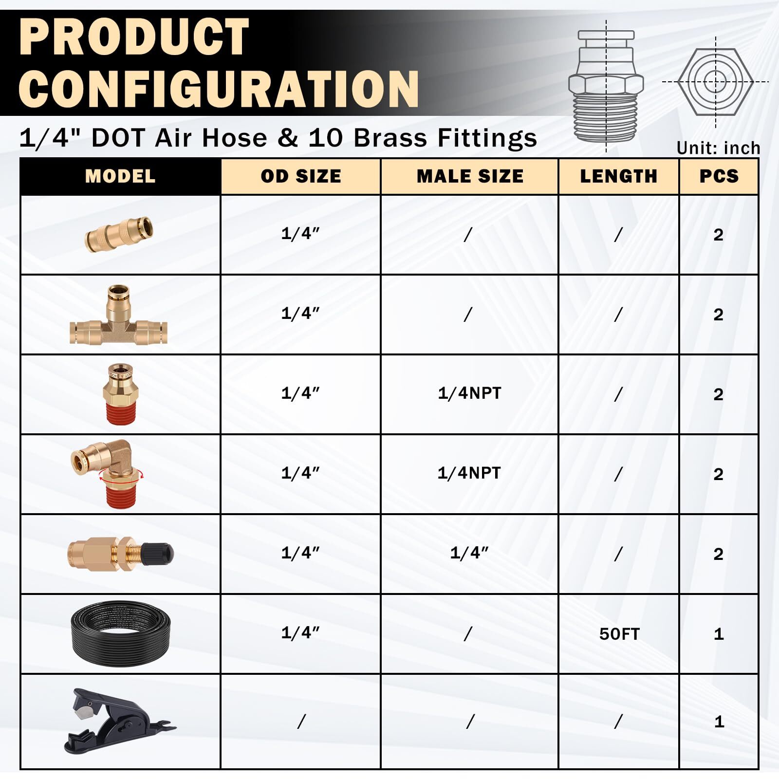 50 FT 1/4 DOT Air Line with Brass Fittings for Air Bags Suspension 10-Piece Kit