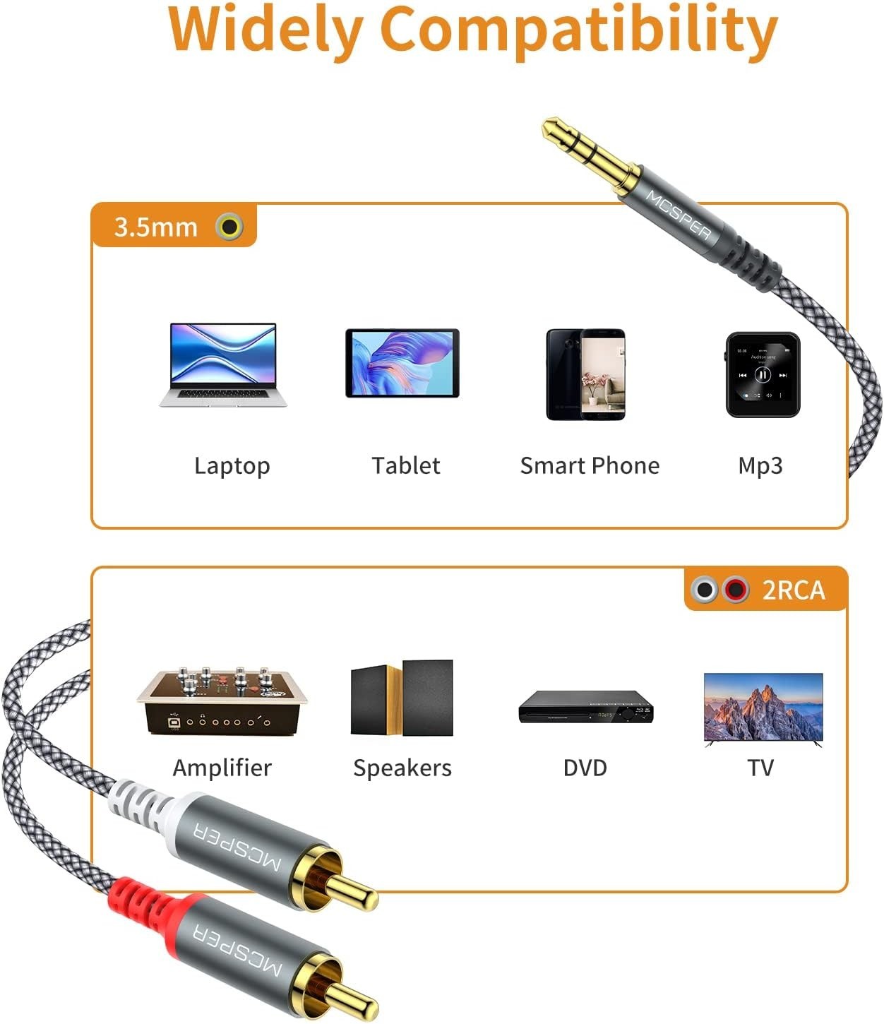 RCA to 3.5mm AUX Cable, (5 Feet) 3.5 mm 1/8 to RCA 2-Male Headphone Jack Adapt
