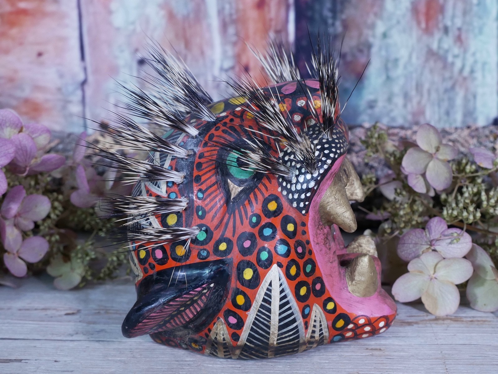 Leopard Jaguar Mask Wood & Boar Hair Whiskers Handmade Nahua Mexican Folk Art Sm