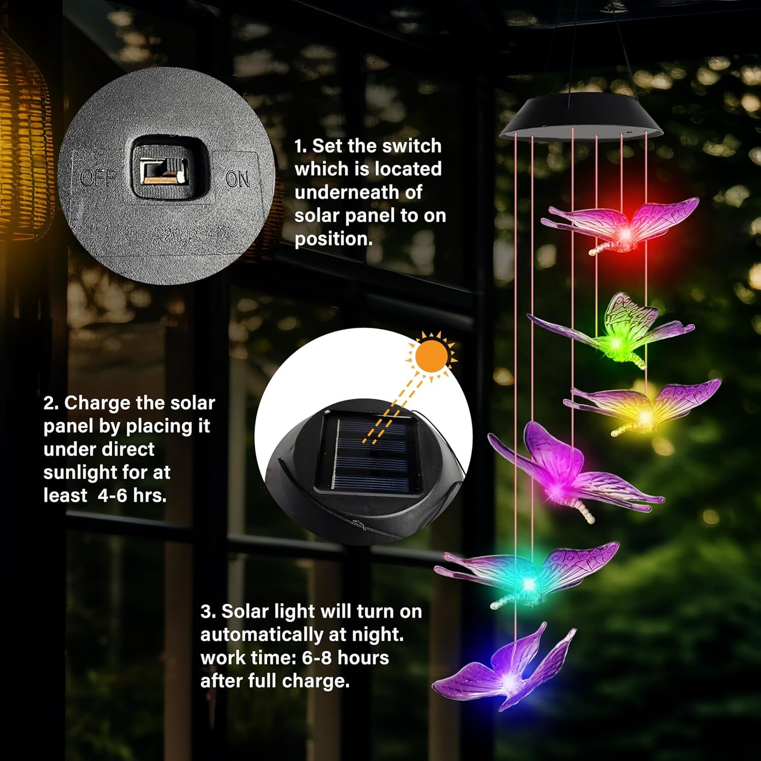 Solar Wind Chimes Lights LED Color Changing Hanging Butterfly Garden Decor Lamp