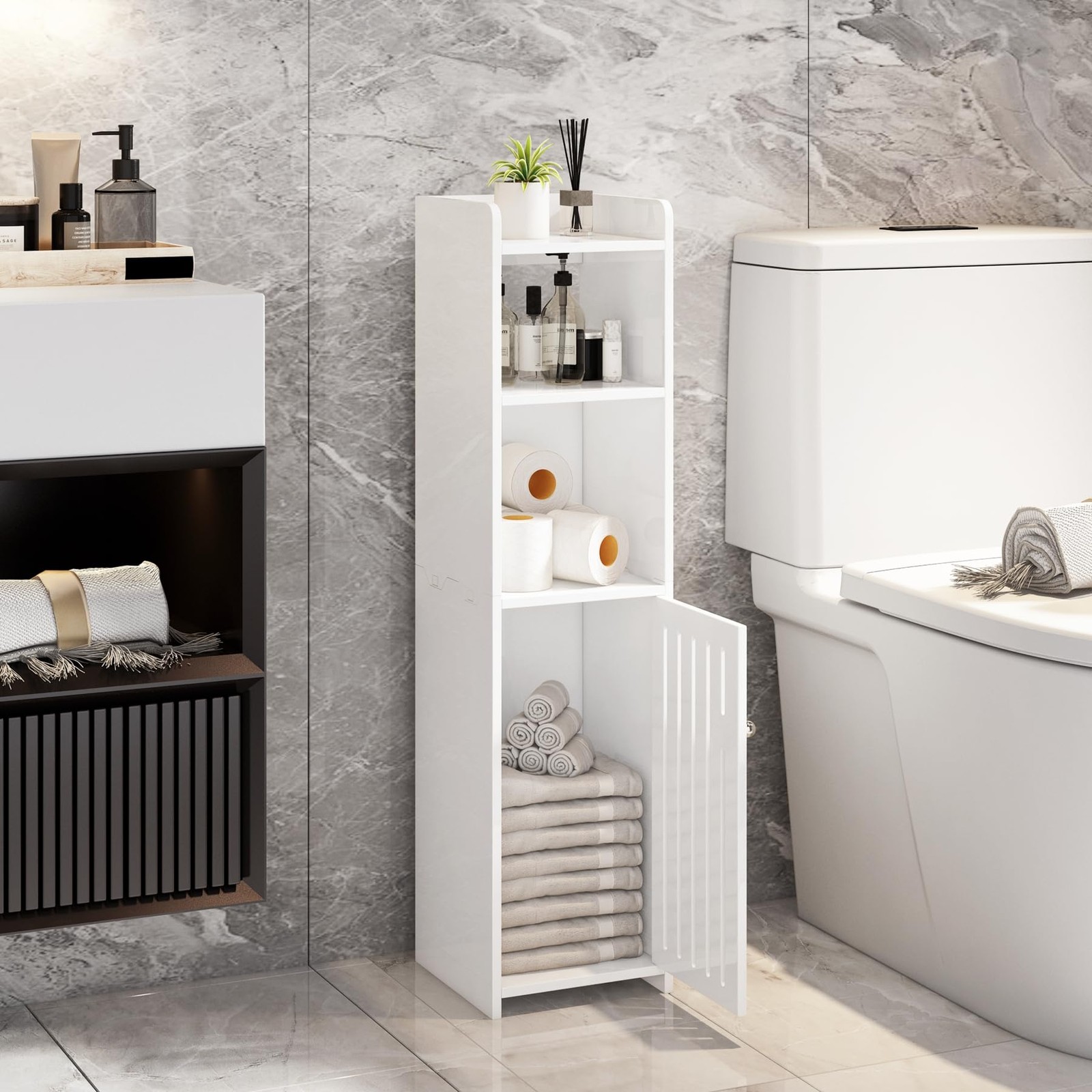 Narrow Bathroom Storage Cabinet, 4-Tier Slim Bathroom 7.9"D x 7.9"W x 31.5"H