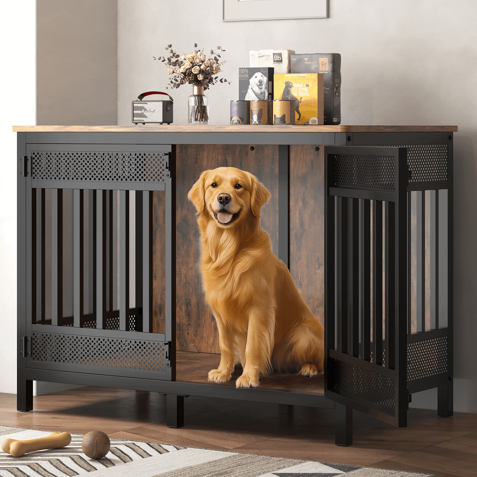 47in Wooden Dog Crate Furniture Style Cage Heavy Duty Indoor Kennel for Big Dog