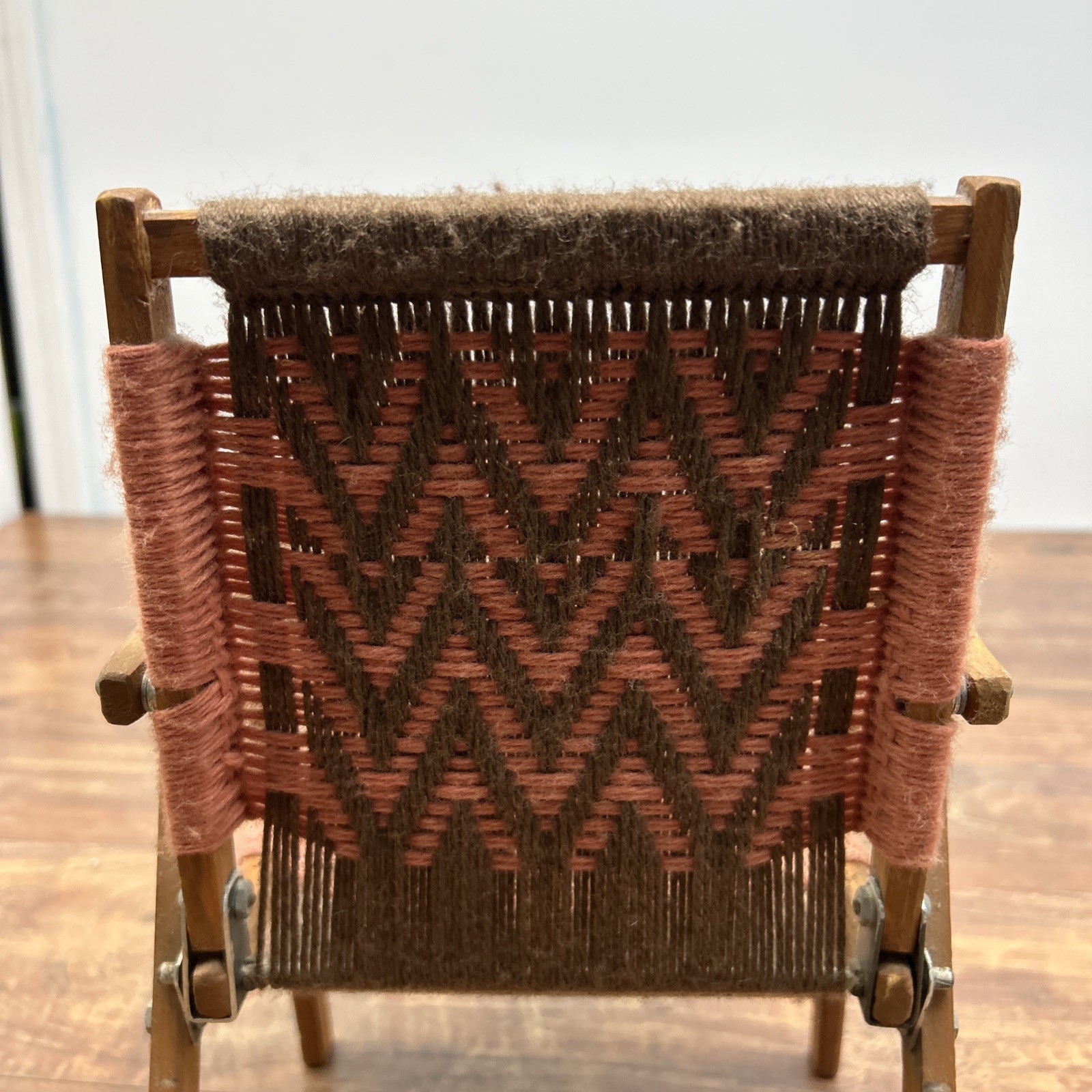 Macrame Wooden Folding Baby Doll Chair Vintage Handwoven Brown Pink ** DOLL SIZE