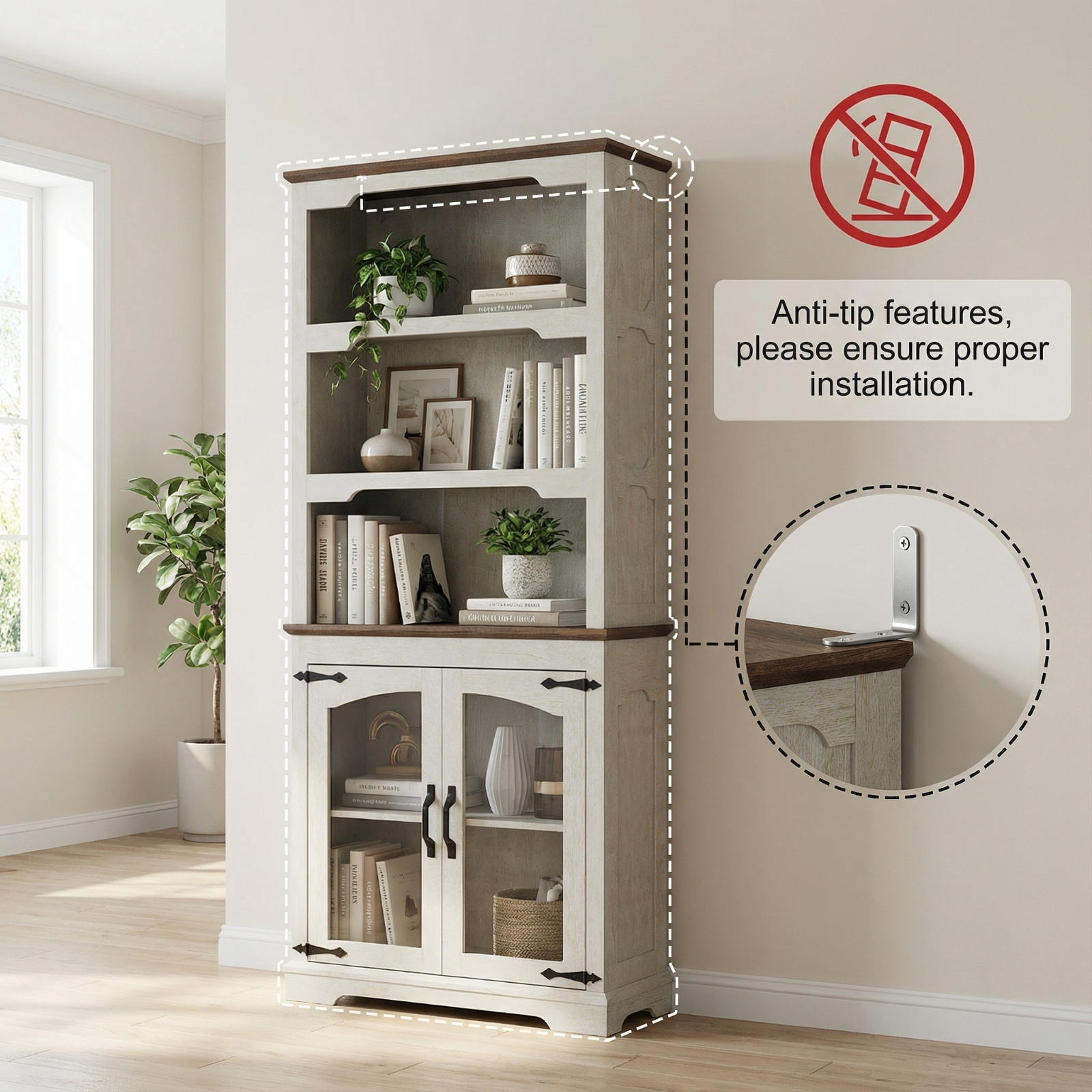 Farmhouse Tall Bookcase with Doors, Rustic White Storage Cabinet with Anti-Tip